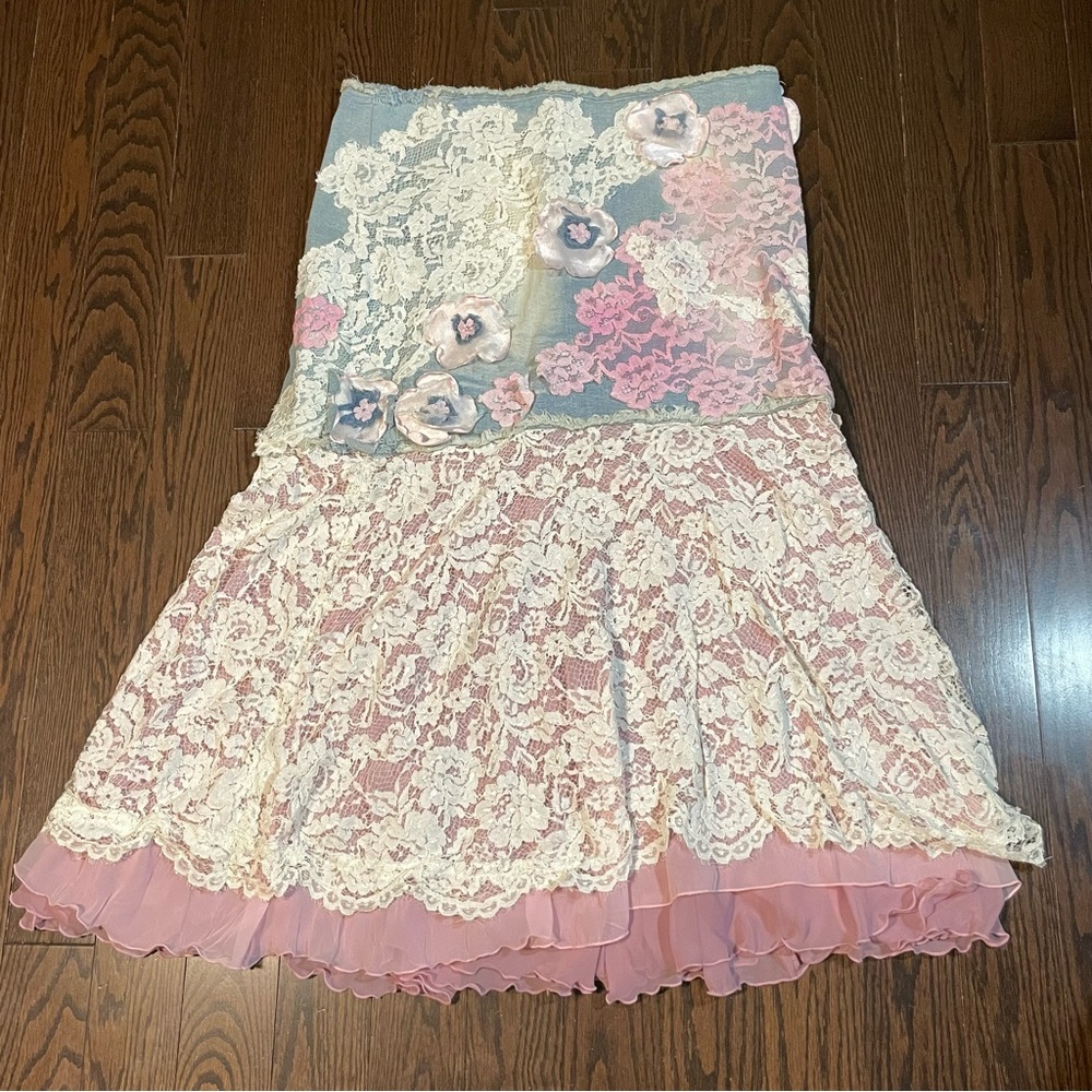 La Moda Blue / Pink Frill Denim Skirt With Floral and Lace Detailing